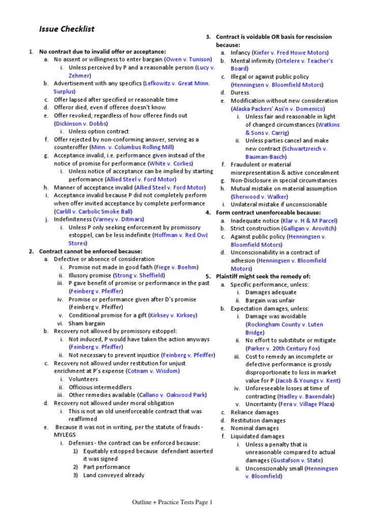 Contracts I Checklist & Outline | PDF | Offer And Acceptance | Damages