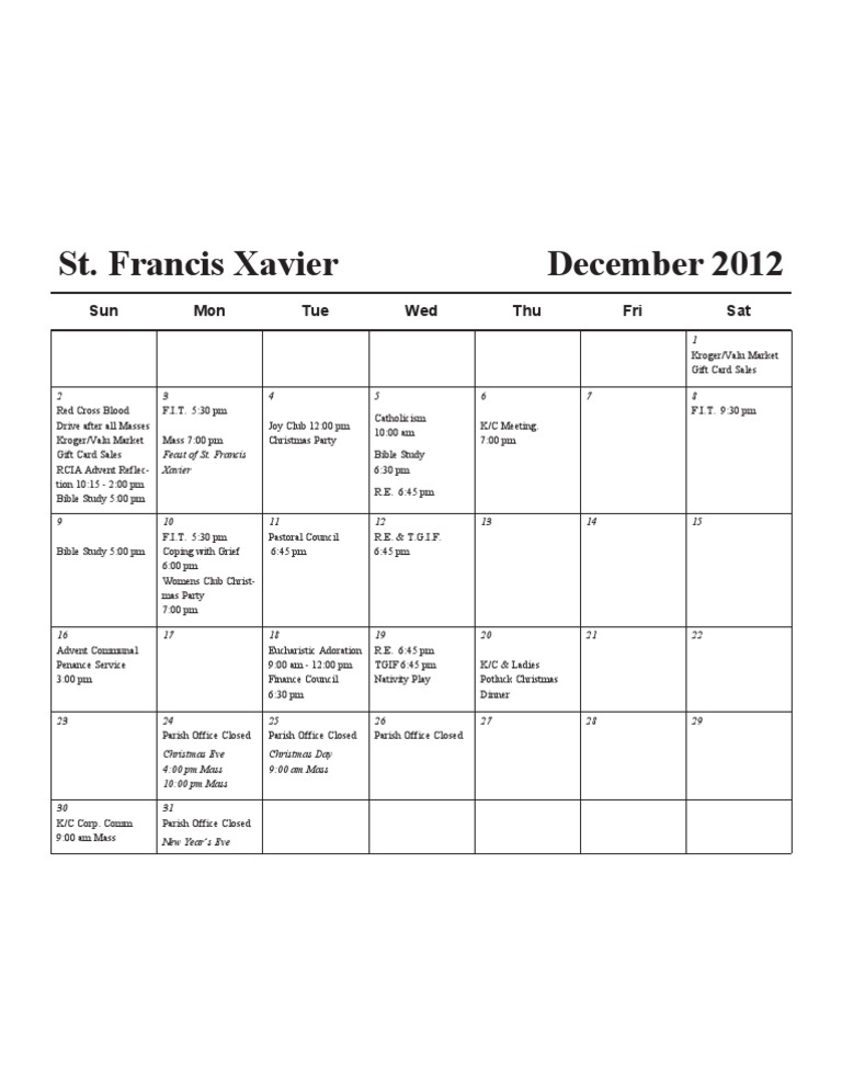 December 2012 Church Events Calendar | PDF