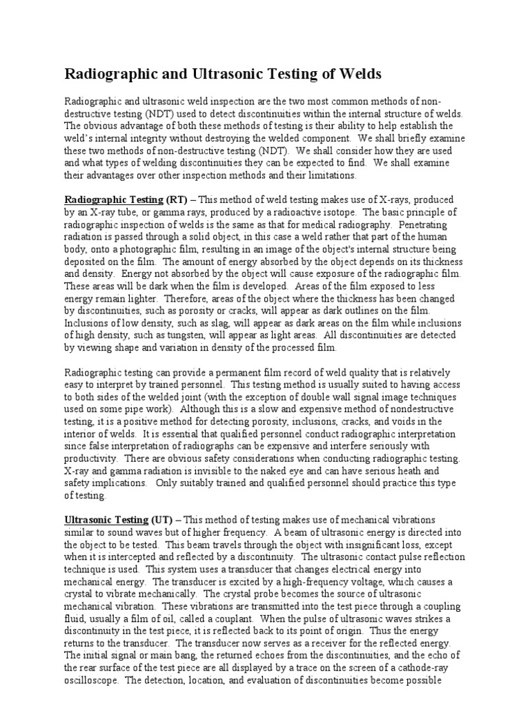 Radiographic vs. Ultrasonic Weld Testing | PDF | Radiography ...