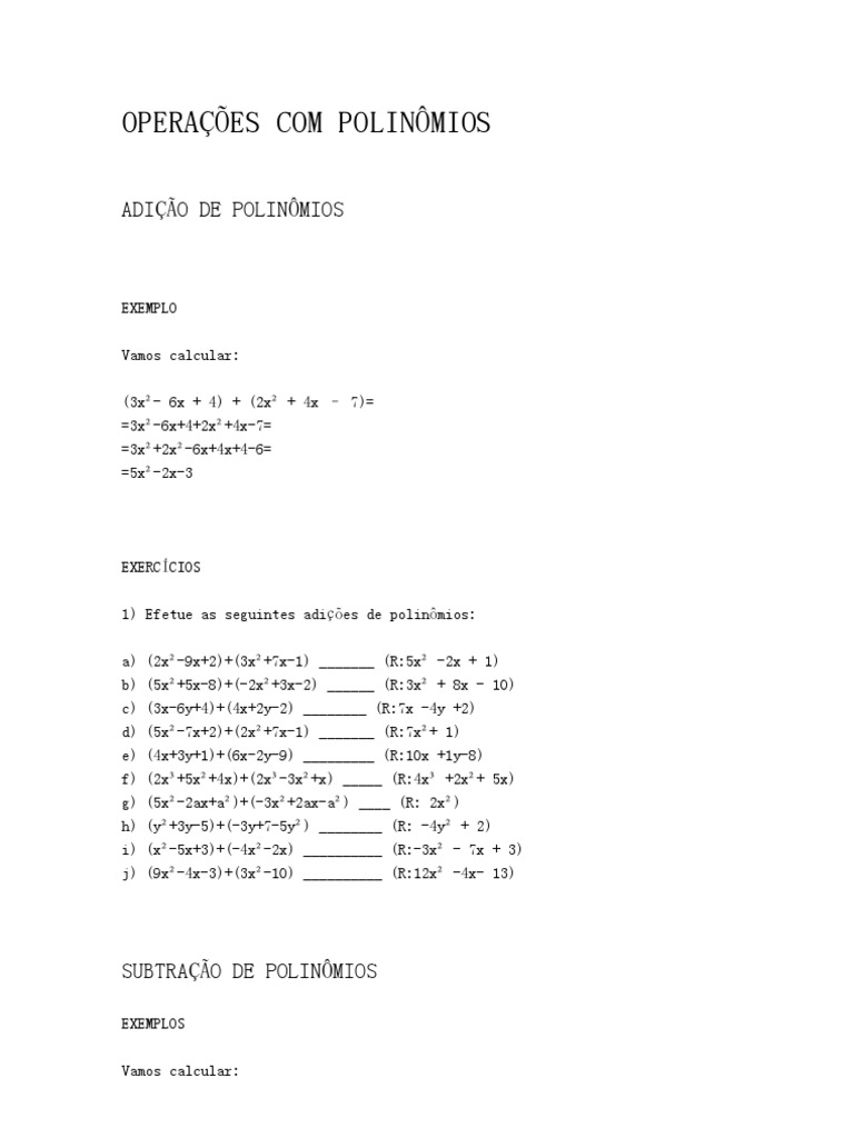 Exercícios de Operações com Polinômios | PDF | Métodos e Materiais de ...