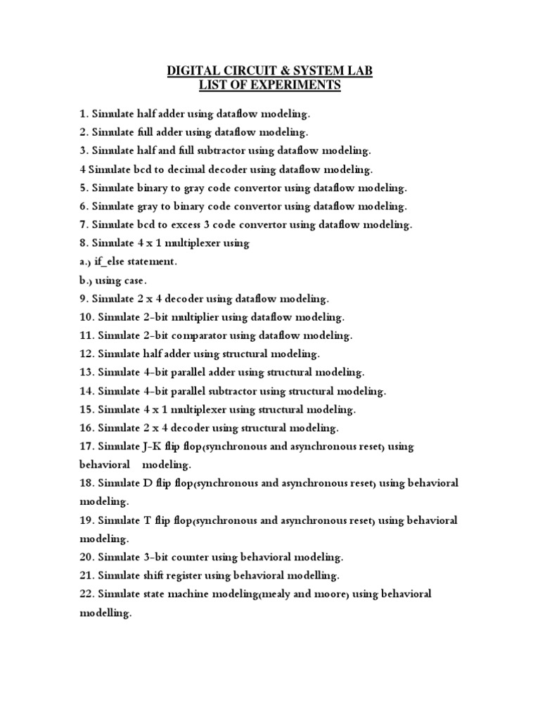 Digital Circuit & System Lab List of Experiments | PDF