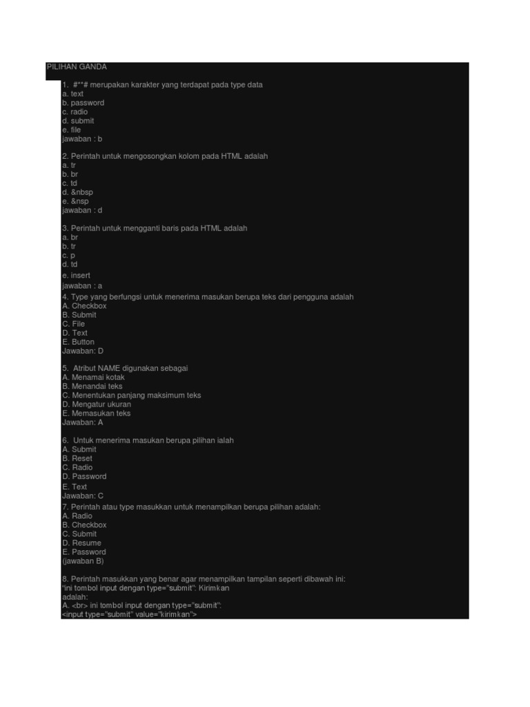 Soal Pilihan Ganda HTML dan Jawabannya | PDF | Komputer | Teknologi ...