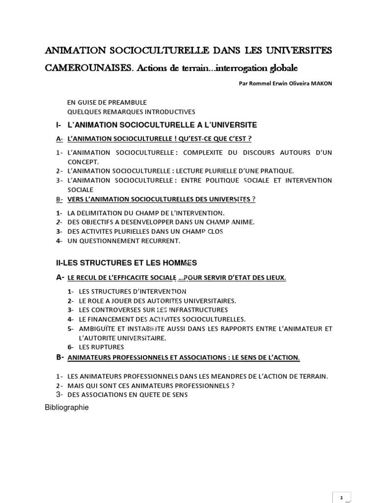 Animation Socioculturelle Dans Les Universites Camerounaises - 