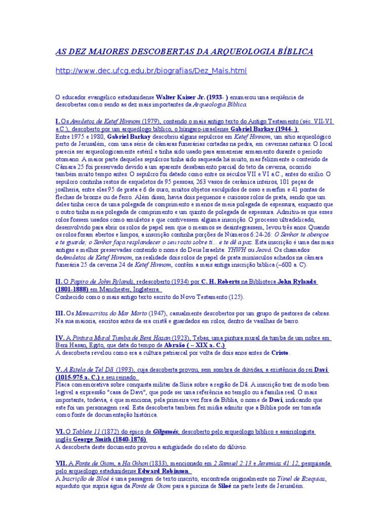 As Dez Maiores Descobertas Da Arqueologia Bíblica Pdf Davi Bíblia