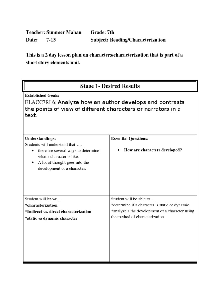 Characterization Lesson Plan for 7th Grade | PDF | Lesson Plan ...