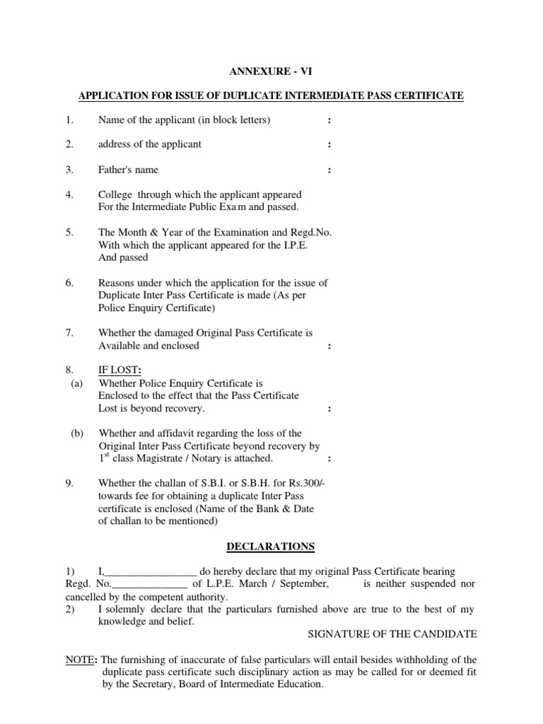 Duplicate Intermediate Pass Certificate Application | PDF