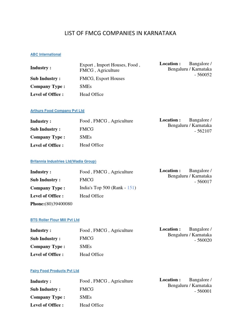 List of FMCG Companies PDF Bangalore Food Industry