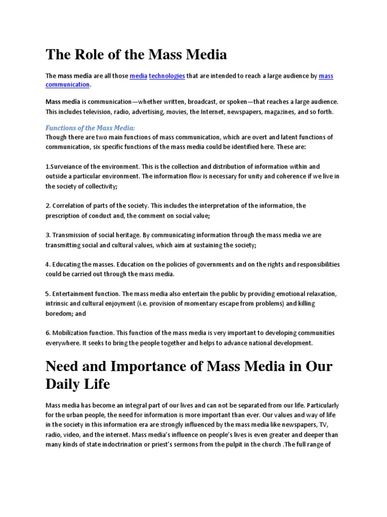 The Role of The Mass Media | PDF | Mass Media | Internet