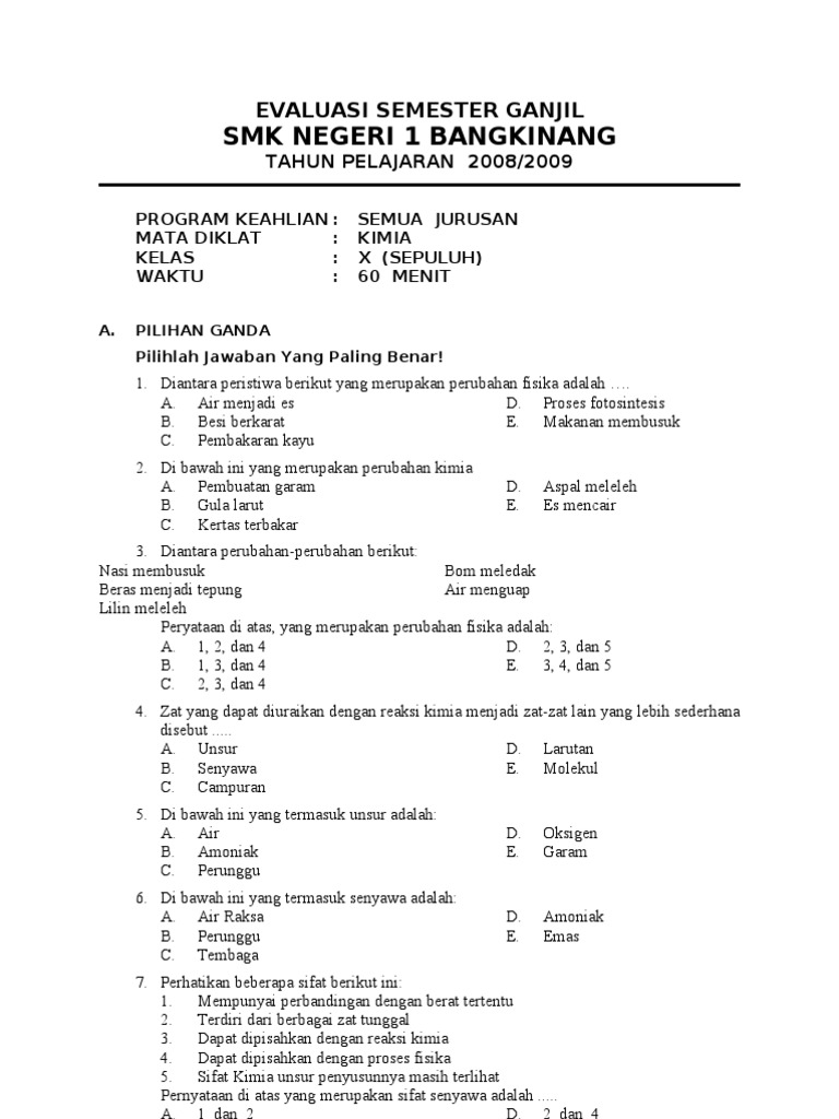 KisiKisi Soal Kimia Kelas X PDF