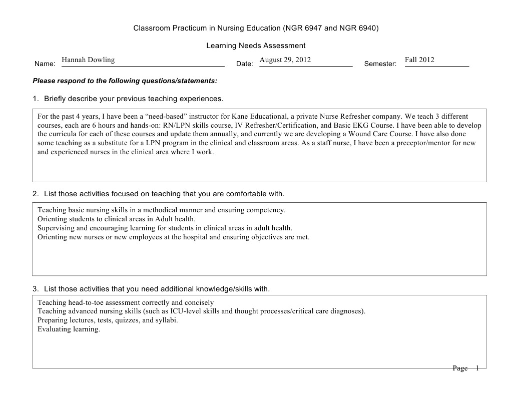 Nursing Education Needs Assessment Form | PDF | Nursing | Classroom