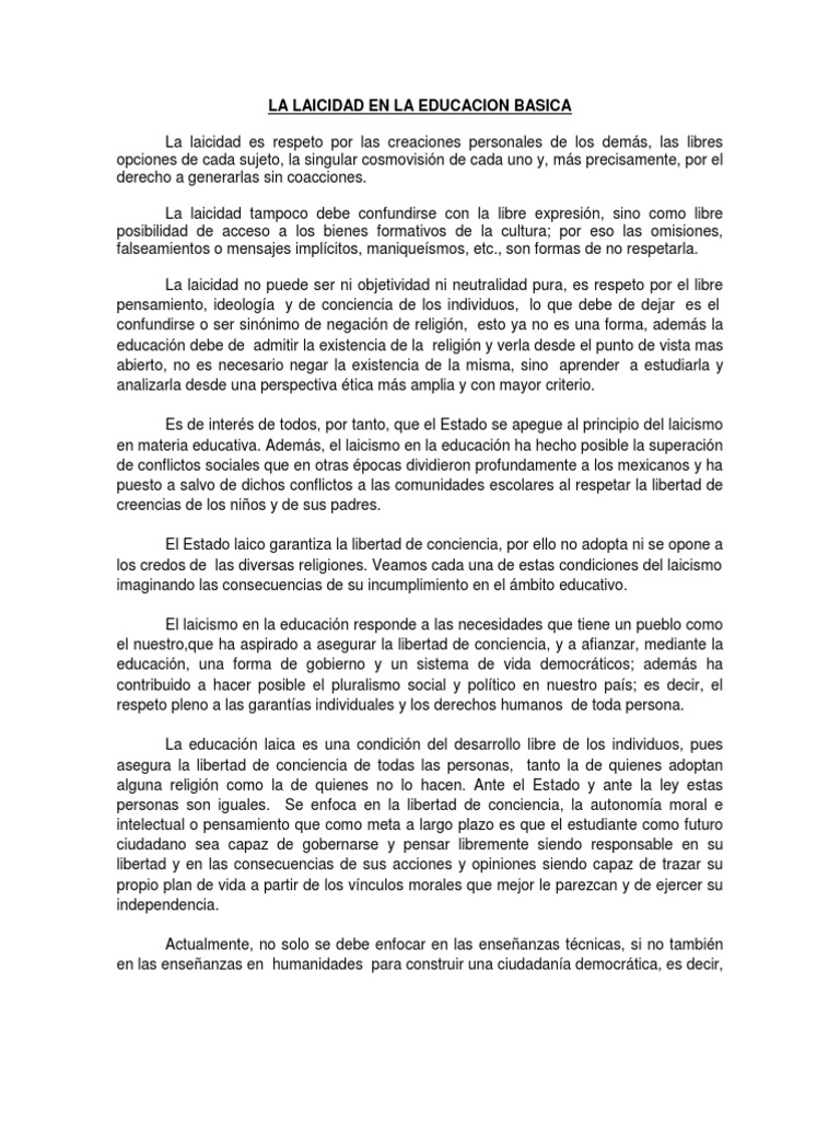 La Laicidad en La Educacion Basica