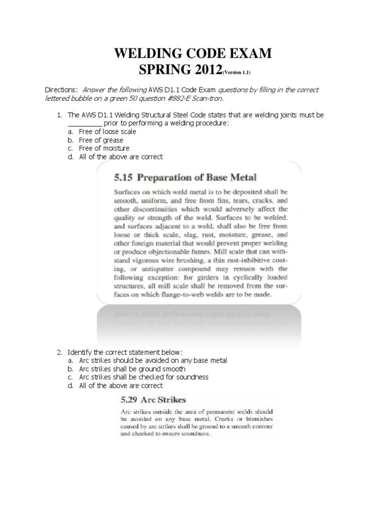 Welding Code Exam Version D1.1 Welding Industrial Processes