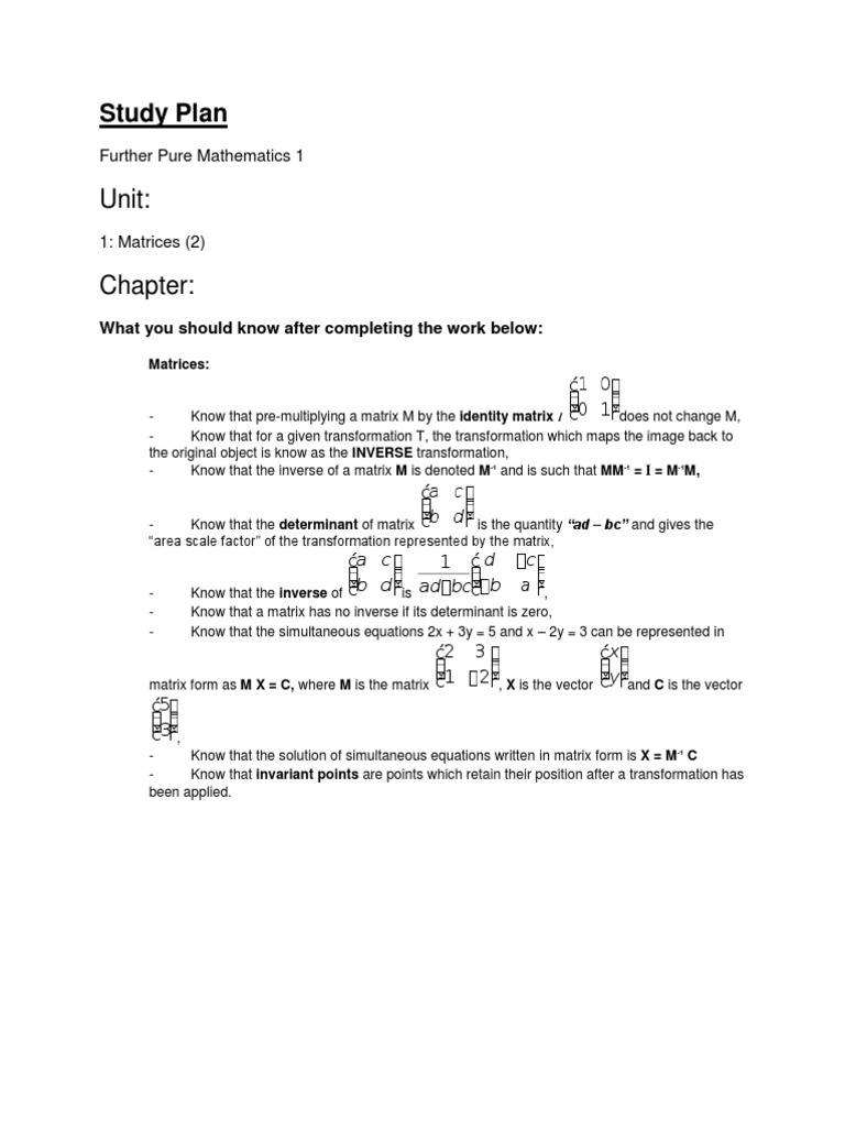 Study Plan FP2 Matrices2 | PDF | Teaching Methods & Materials
