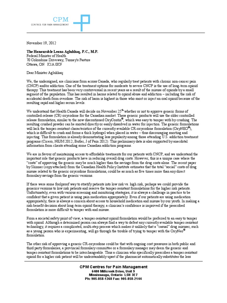 Health Canada Letter Re Generic OC PDF Opioid Oxycodone