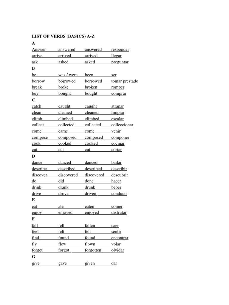 List of Verbs | PDF