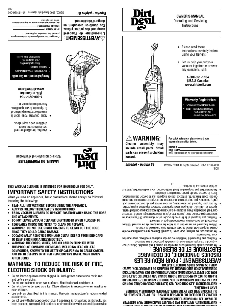 Dirt Devil Vacuum 087305. This Is The Owner Manual To A Vacuum Cleaner