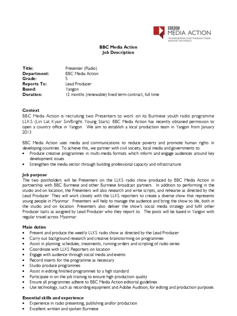 BBC Job Vacancy Presenter Producer (Radio) PDF Competence