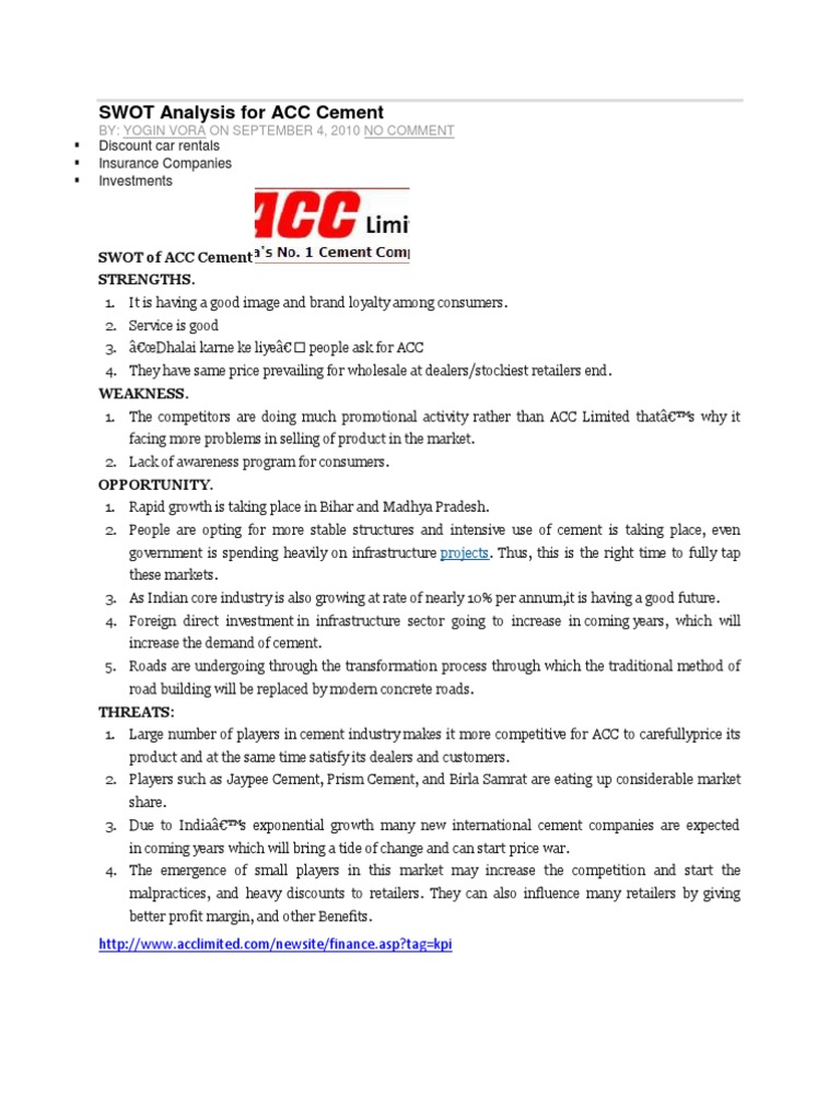 SWOT Analysis For ACC Cement | PDF | Retail | Swot Analysis