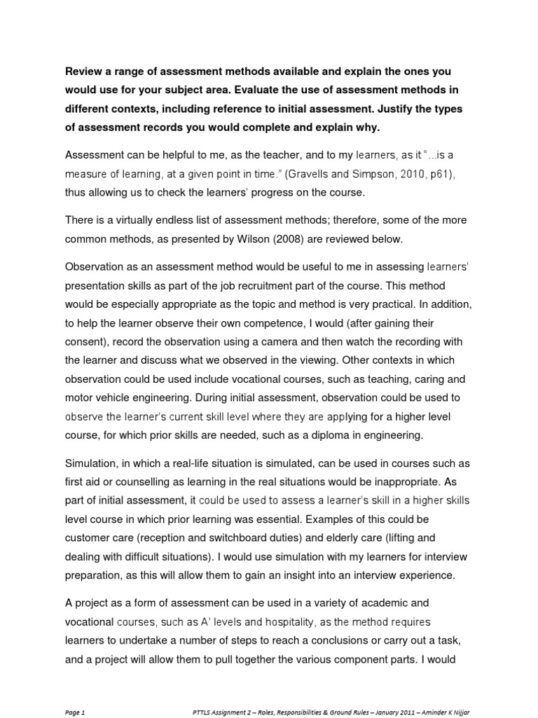 Assessment Methods in PTLLS Courses | PDF | Educational Assessment ...