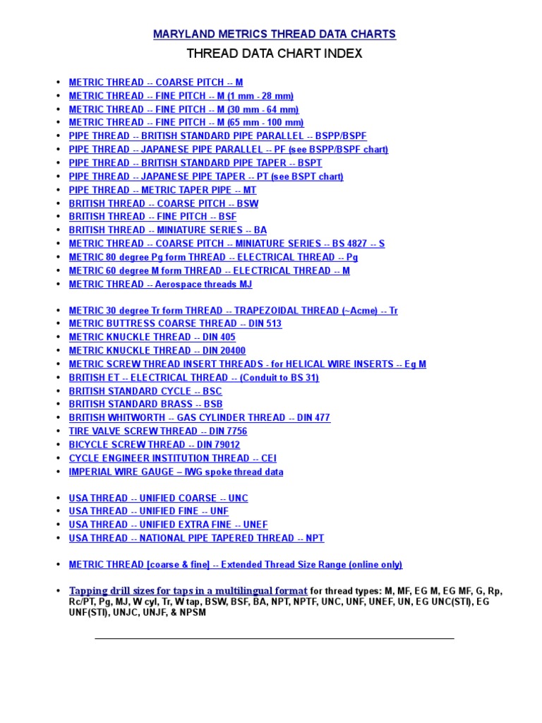 Data Chart for Threads by MARYLAND Joining Screw