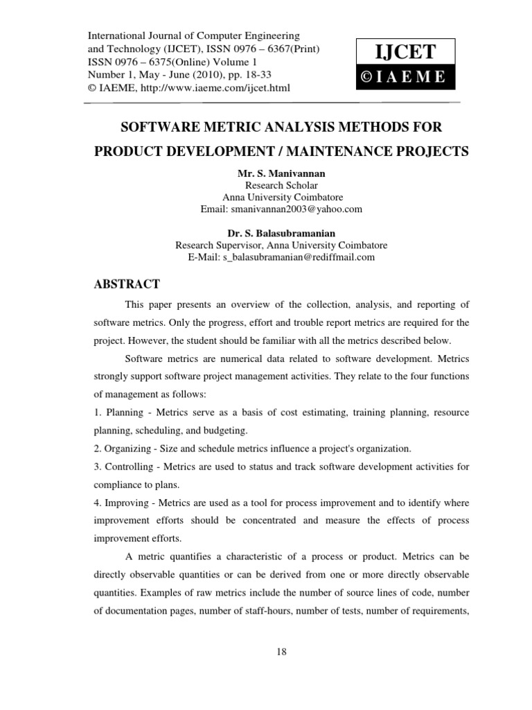 Software Metric Analysis Methods For Product Development Maintenance ...