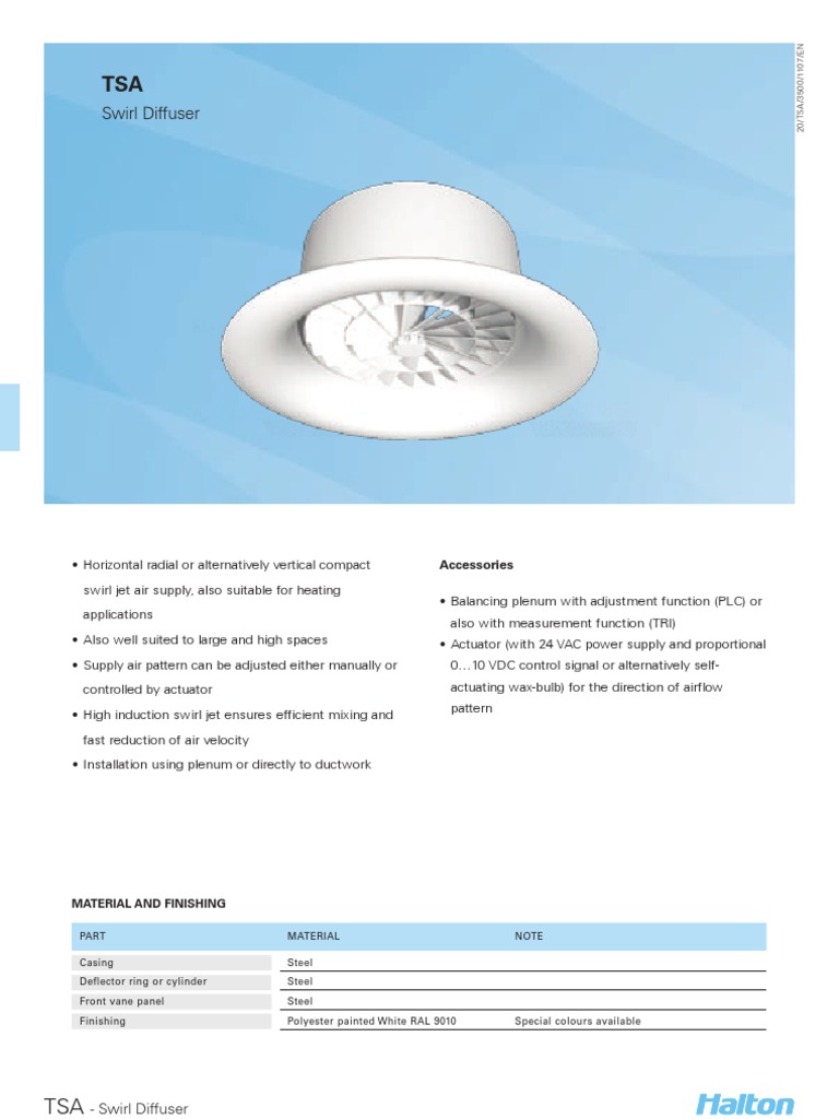 TSA Swirl Diffuser Specifications | PDF | Duct (Flow) | Actuator
