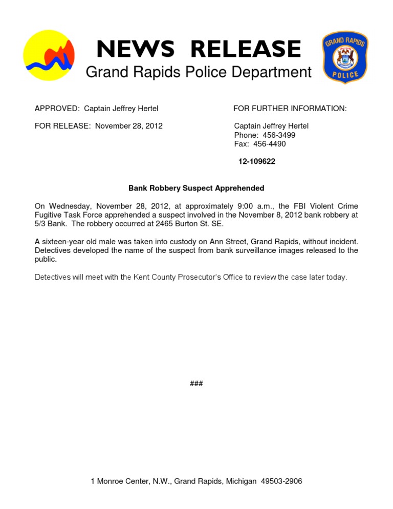 Grand Rapids Bank Robbery Arrest Report | PDF | Social Science