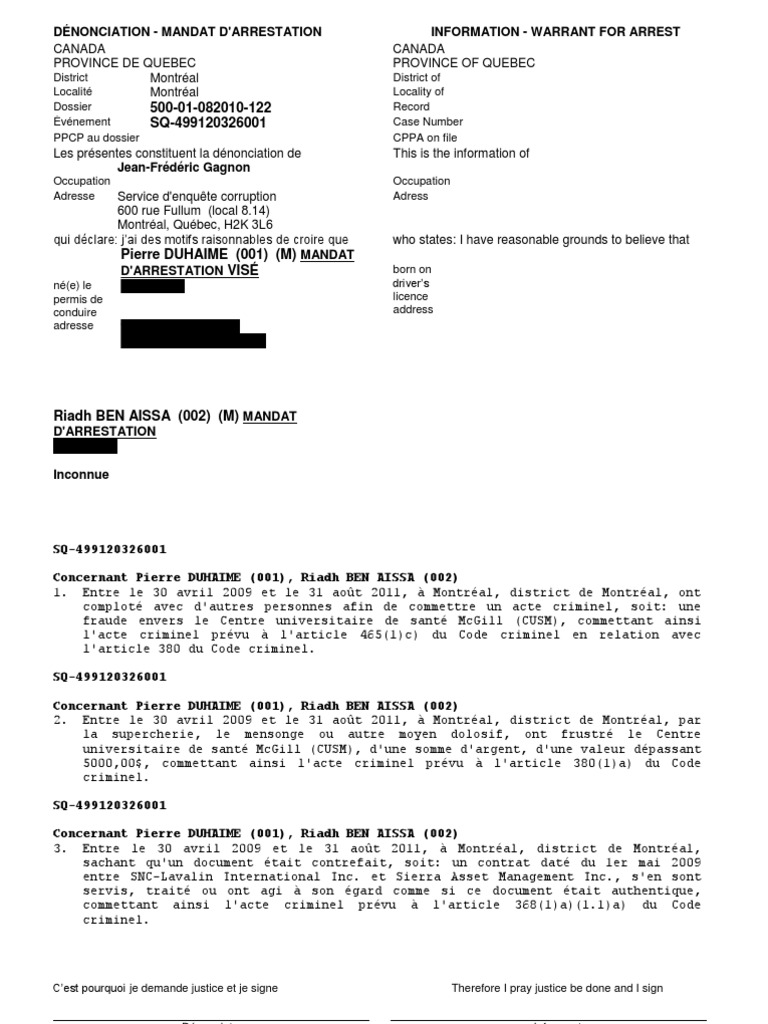 Exemple of a Montreal arrest warrant