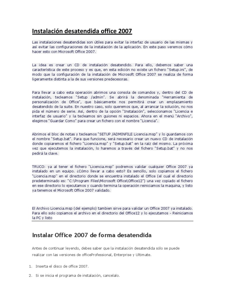 Instalación Desatendida Office 2007 | PDF | Archivo de computadora |  Microsoft