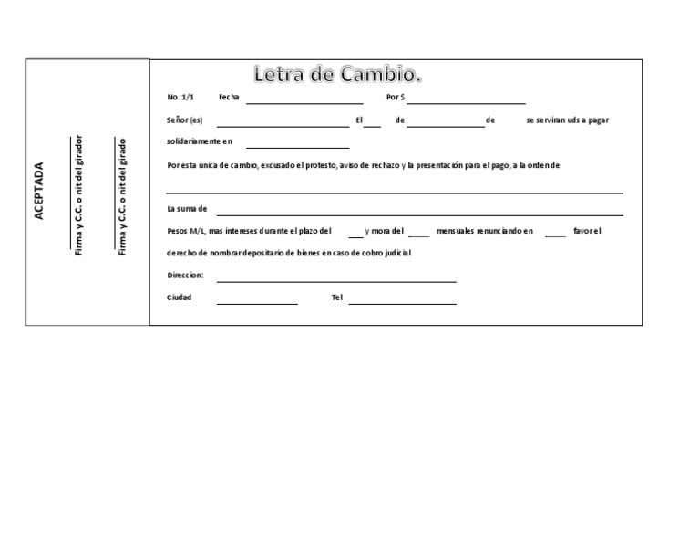 Formato en Excel de Letra de Cambio