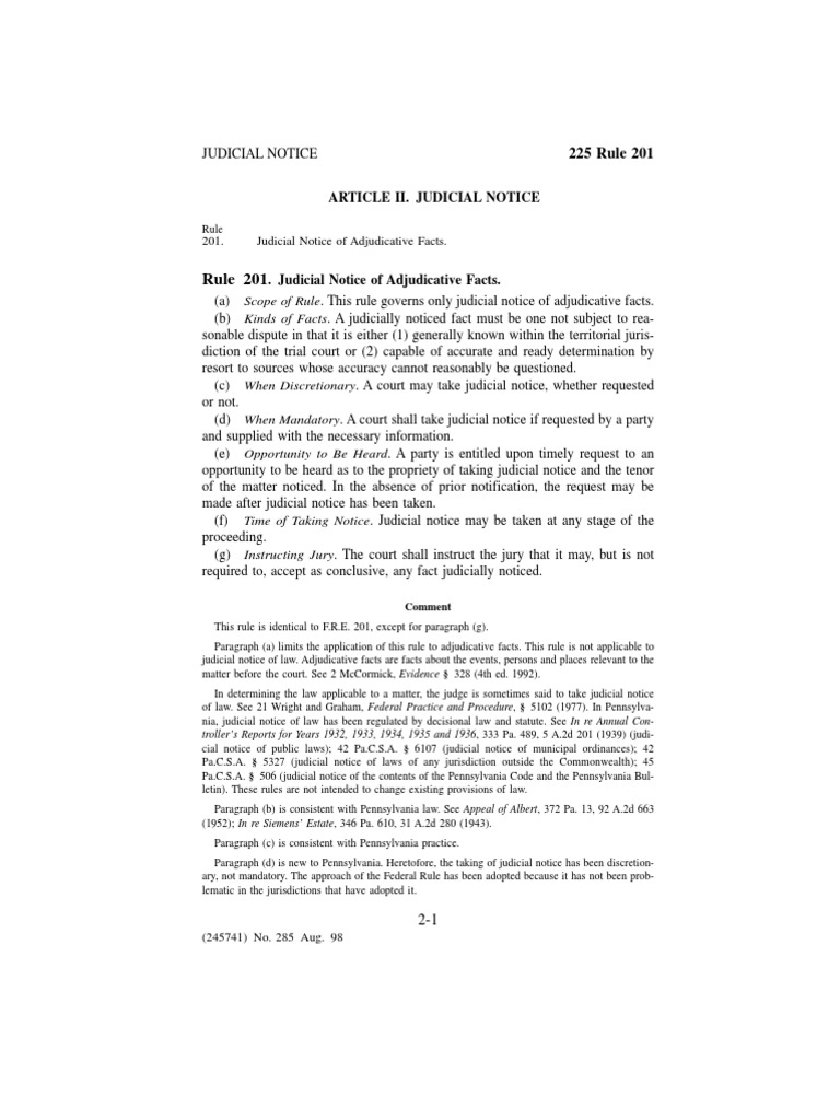 PA Rules of Judicial Notice 201 Judicial Notice Courts