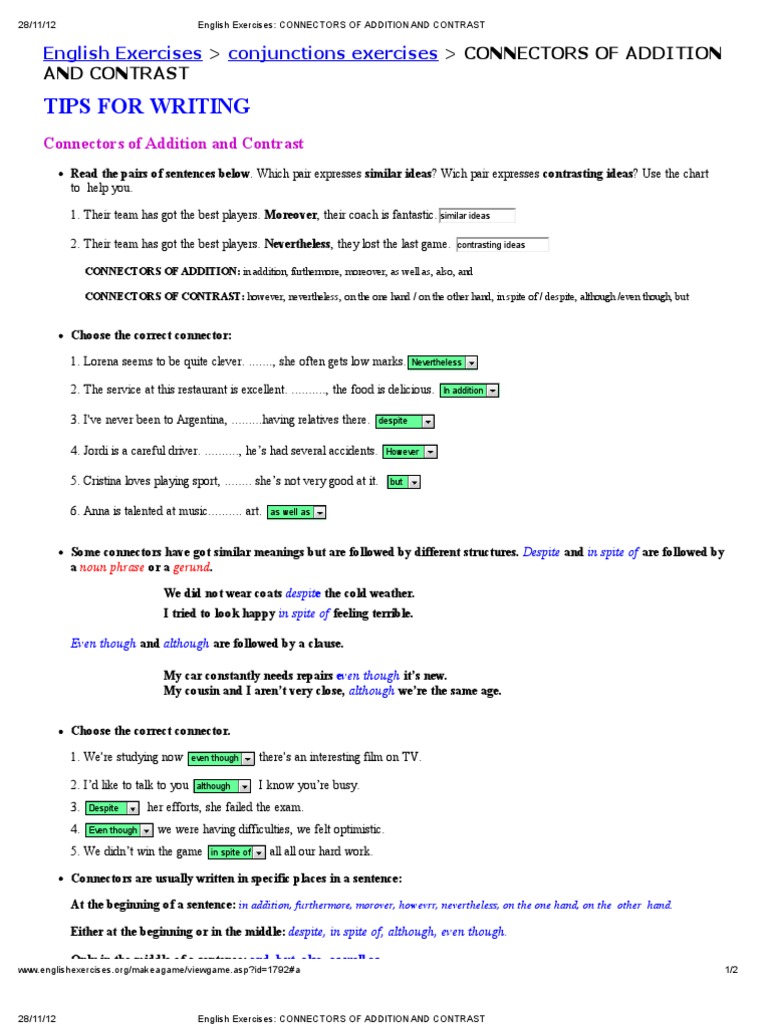 Connectors of Addition and Contrast Grammar Syntax