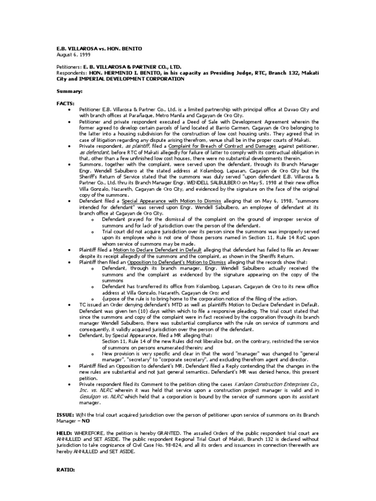 RTC Makati Jurisdiction Ruling | PDF | Summons | Complaint