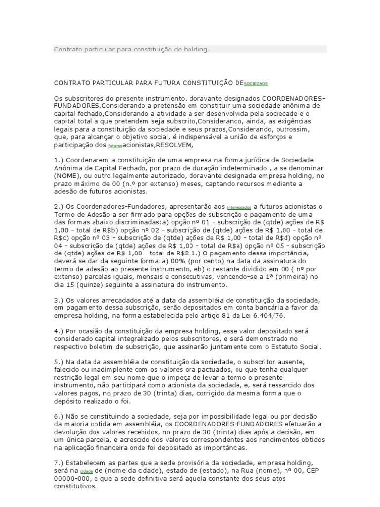 Contrato Particular Para Constituicao De Holding