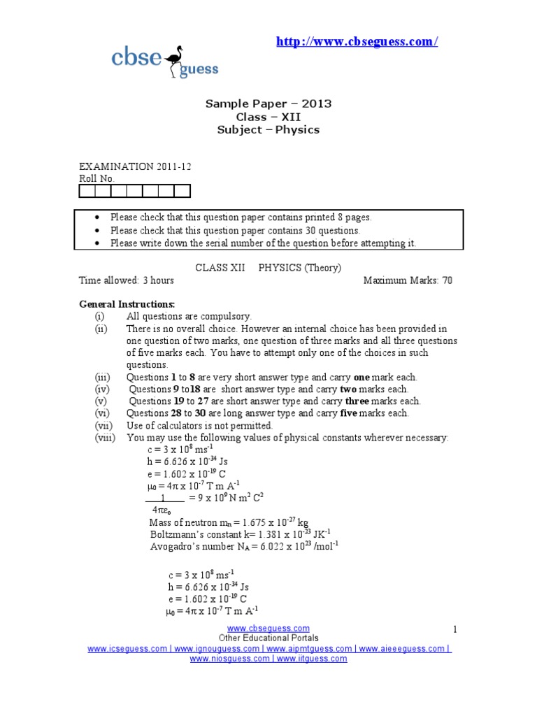 Class XII Physics Sample Paper 2013 | PDF | Capacitor | Electric Current