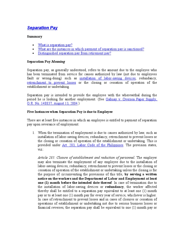 Separation Pay PDF Layoff Employment