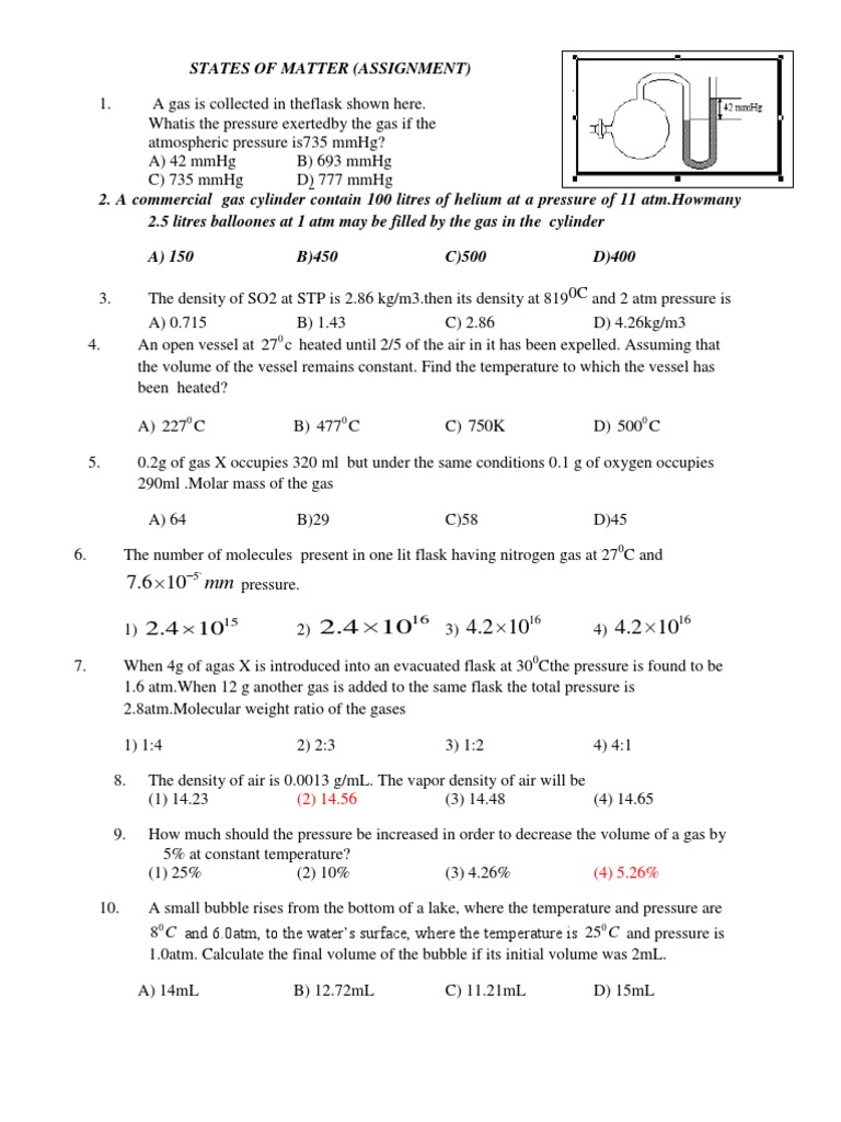 States of Matter Assignment Questions | PDF | Gases | Pressure