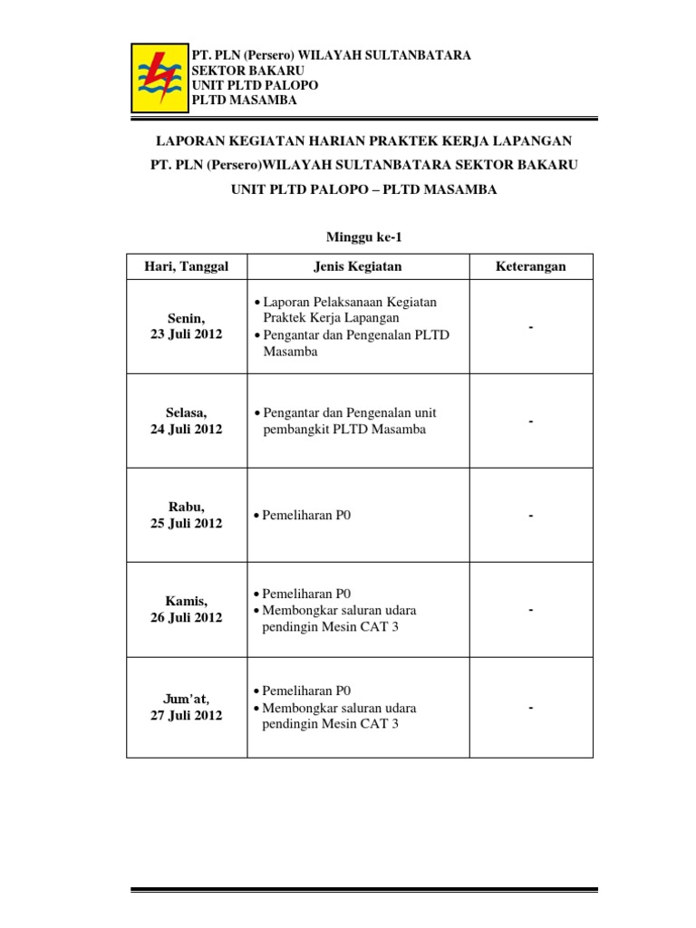 4 Laporan Kegiatan Harian Praktek Kerja Lapangan Pltd Masamba Bagian 1