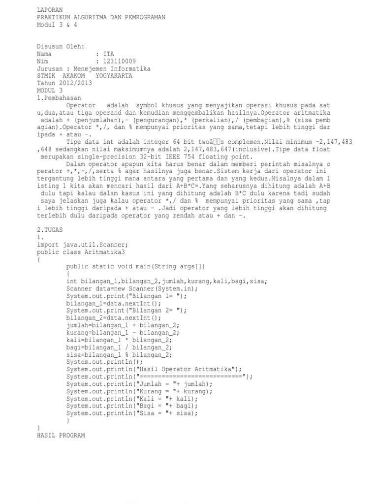 LAPORAN PRAKTIKUM ALGORITMA DAN PEMROGRAMAN Modul 3 & 4 | PDF ...
