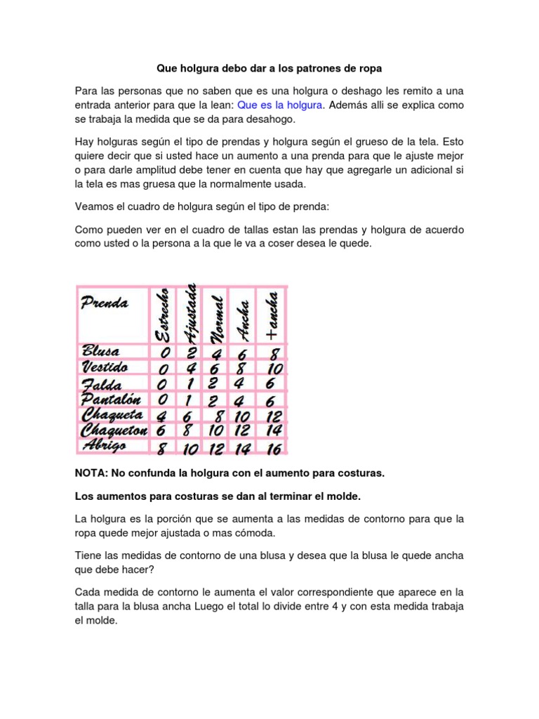Que Holgura Debo Dar A Los Patrones de Ropa | PDF | Ropa | Bienes de consumo, image size:768x1024
