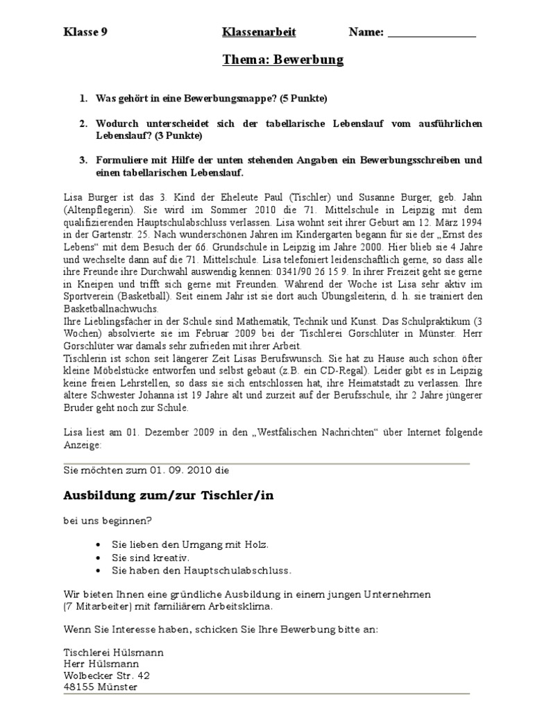 Klassenarbeit zum Thema "Eine Bewerbung schreiben"