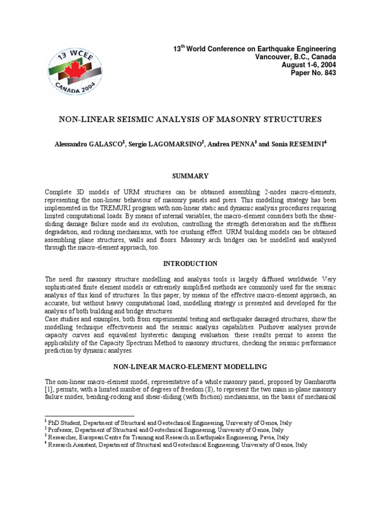 Non-Linear Seismic Analysis of Masonry | PDF | Elasticity (Physics ...
