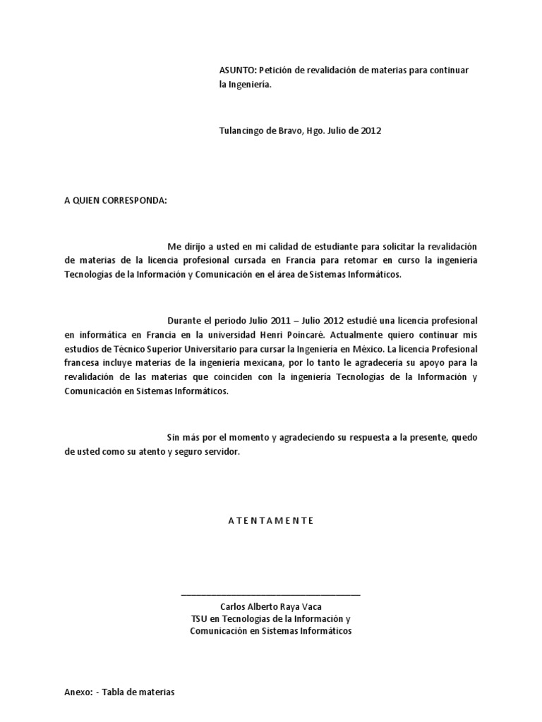 Carta Revalidacion de Materias