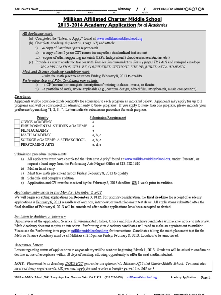 Millikan Middle School Academy Application | PDF | Intellectual ...