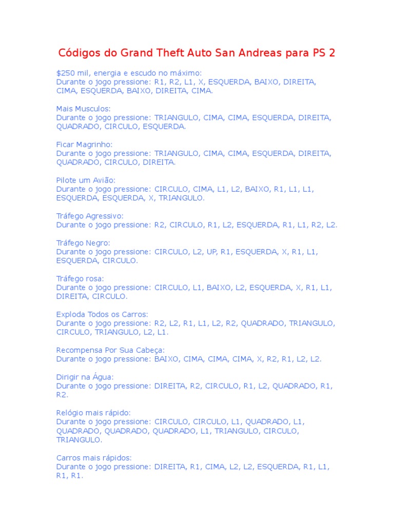 Códigos Do Grand Theft Auto San Andreas para PS 2 PDF Lazer Armamento