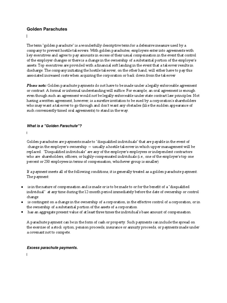 Golden Parachutes Please Note Golden Parachute Payments Do Not Have