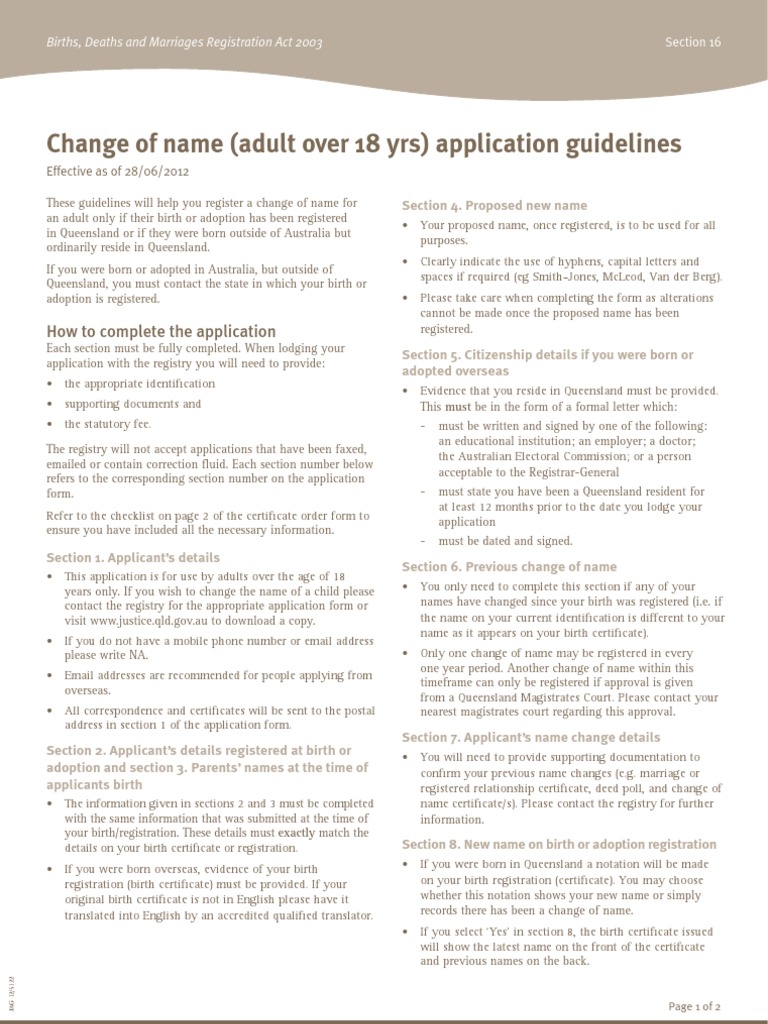 Adult Name Change Guidelines QLD | PDF | Birth Certificate | Identity ...