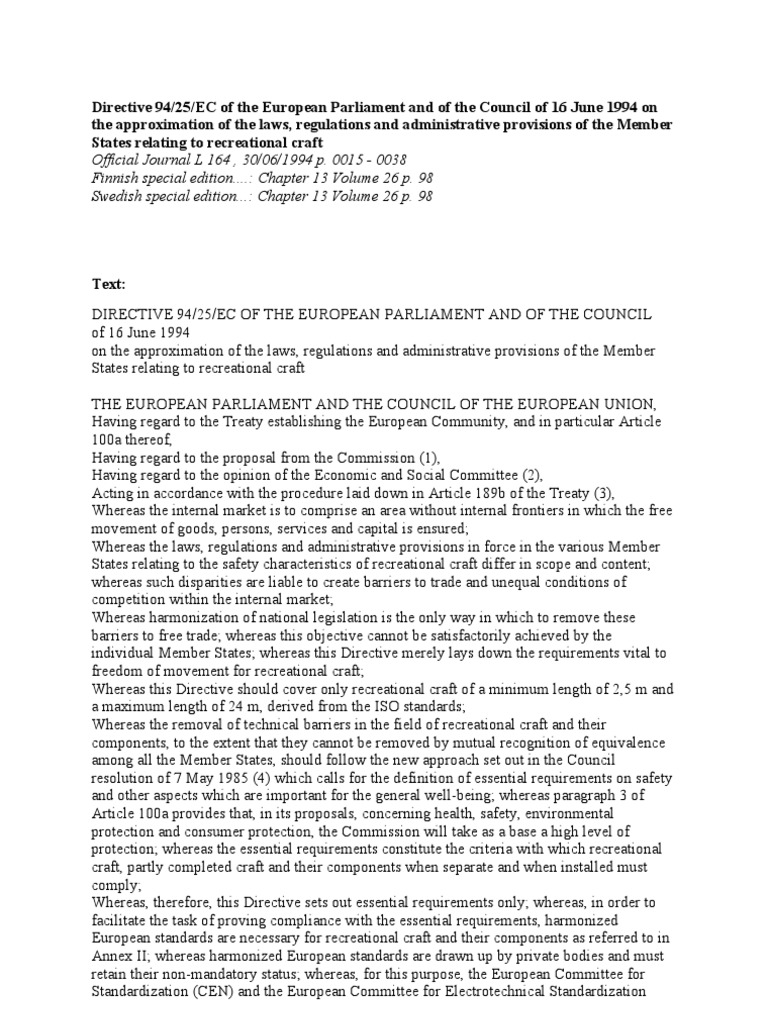 Directive 94/25/EC on Recreational Craft | PDF | Business | Science ...