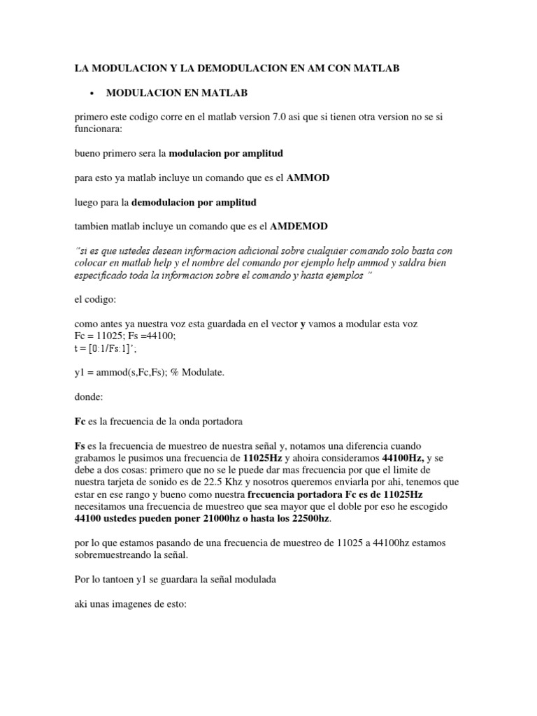 Modulación y Demodulación AM en MATLAB | PDF | Modulación | Muestreo ...
