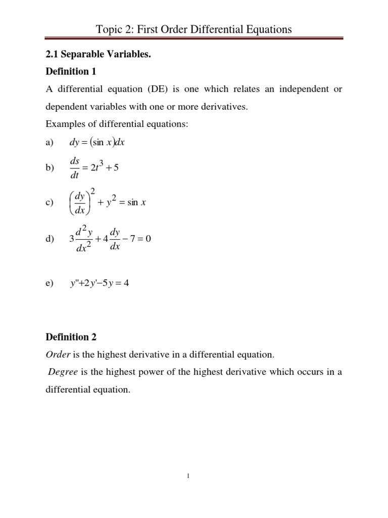 Topic 2 First Order Differential Equations | PDF | Equations ...